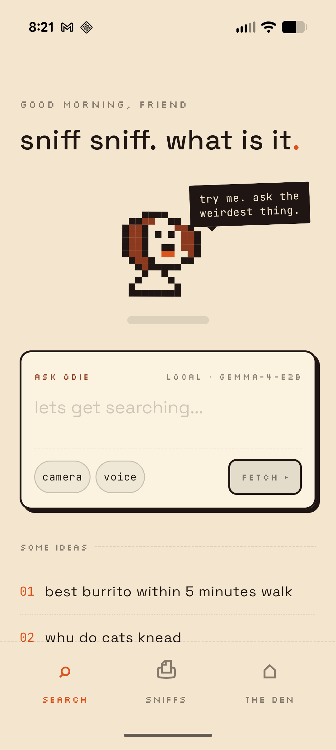 Odie Android app home screen with pixel dog mascot, search bar, and suggested queries