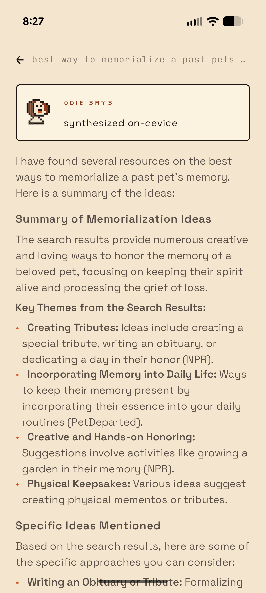 Odie results screen showing synthesized on-device answer with sources