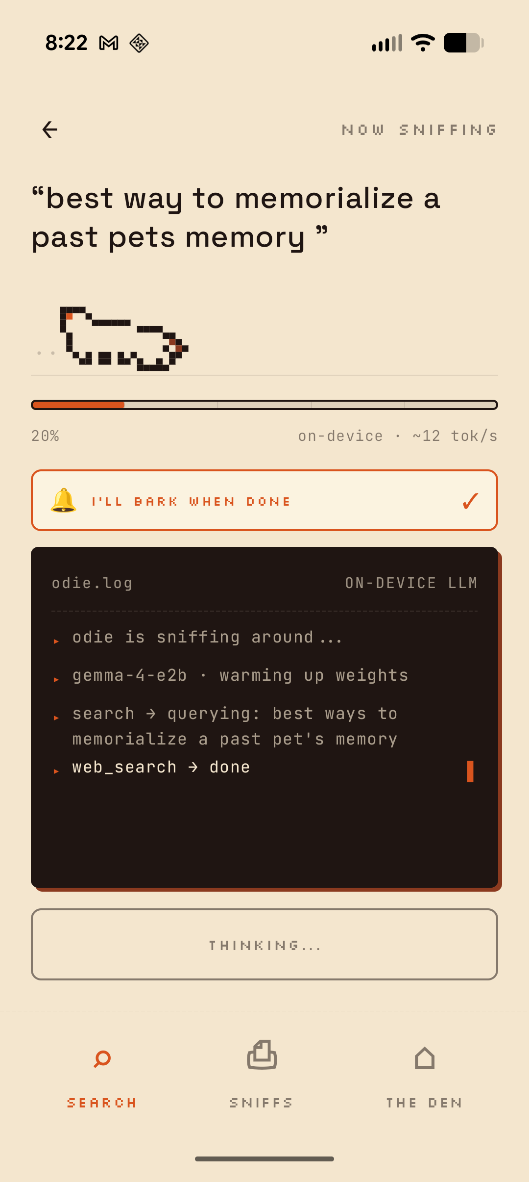Odie searching screen showing running dog, progress bar, and odie.log terminal output
